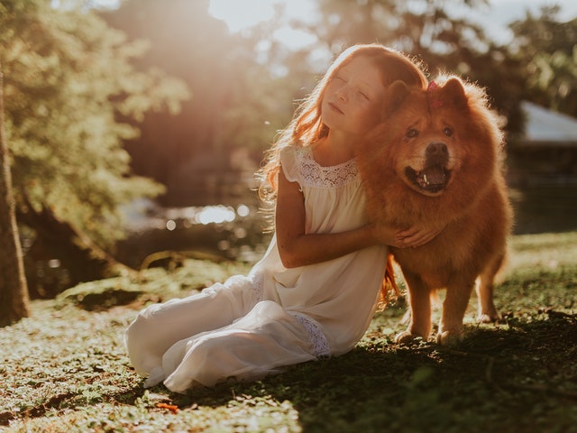 Flicka med stor hund